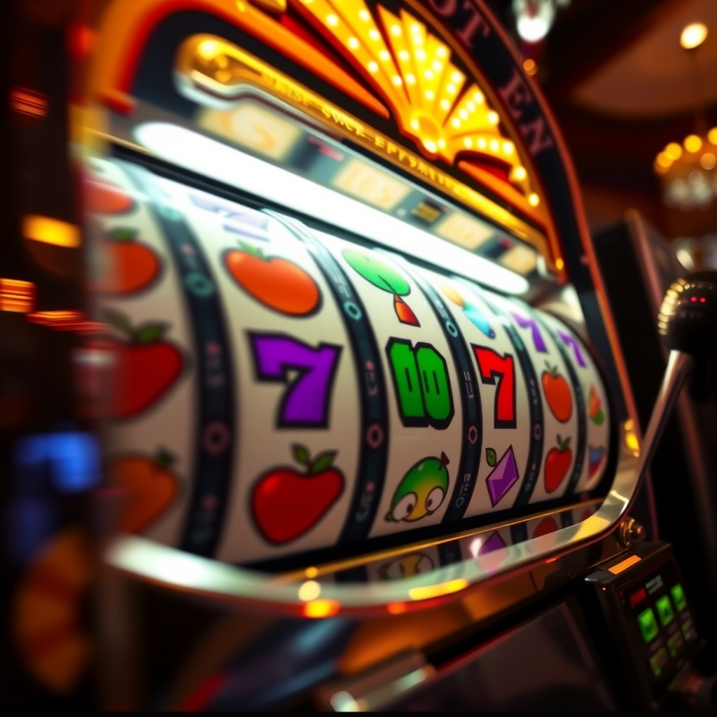 Rulli di una slot machine con simboli colorati in movimento